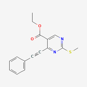 molecular formula C16H14N2O2S B11830102 Ethyl 2-(methylthio)-4-(phenylethynyl)pyrimidine-5-carboxylate 