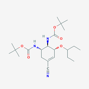 molecular formula C22H37N3O5 B11830180 di-tert-butyl ((1S,2R,3R)-5-cyano-3-(pentan-3-yloxy)cyclohex-4-ene-1,2-diyl)dicarbamate 