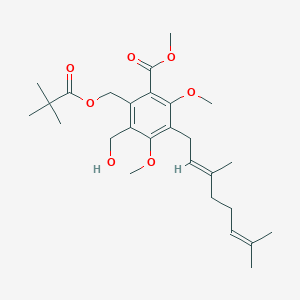 molecular formula C27H40O7 B11833884 methyl (E)-3-(3,7-dimethylocta-2,6-dien-1-yl)-5-(hydroxymethyl)-2,4-dimethoxy-6-((pivaloyloxy)methyl)benzoate 