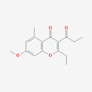 molecular formula C16H18O4 B11846557 2-Ethyl-7-methoxy-5-methyl-3-propanoyl-4H-1-benzopyran-4-one CAS No. 62036-44-6