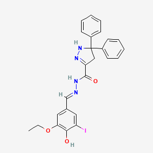 molecular formula C25H23IN4O3 B1189324 N'-(3-ethoxy-4-hydroxy-5-iodobenzylidene)-5,5-diphenyl-4,5-dihydro-1H-pyrazole-3-carbohydrazide 