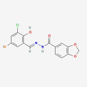 molecular formula C15H10BrClN2O4 B1190529 N'~5~-[(E)-1-(5-BROMO-3-CHLORO-2-HYDROXYPHENYL)METHYLIDENE]-1,3-BENZODIOXOLE-5-CARBOHYDRAZIDE 