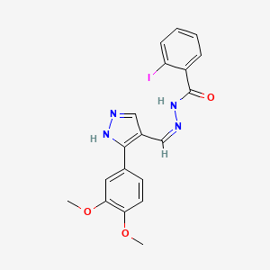 molecular formula C19H17IN4O3 B1190669 N'~1~-{(Z)-1-[3-(3,4-DIMETHOXYPHENYL)-1H-PYRAZOL-4-YL]METHYLIDENE}-2-IODOBENZOHYDRAZIDE 