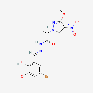 molecular formula C15H16BrN5O6 B1190766 N'-(5-bromo-2-hydroxy-3-methoxybenzylidene)-2-{4-nitro-3-methoxy-1H-pyrazol-1-yl}propanohydrazide 