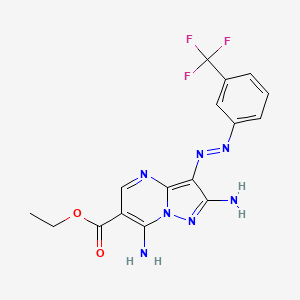 molecular formula C16H14F3N7O2 B1191391 Ethyl 2,7-diamino-3-{[3-(trifluoromethyl)phenyl]diazenyl}pyrazolo[1,5-a]pyrimidine-6-carboxylate 