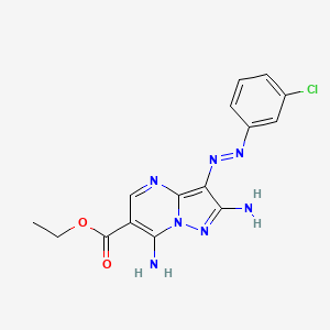 molecular formula C15H14ClN7O2 B1191397 Ethyl 2,7-diamino-3-[(3-chlorophenyl)diazenyl]pyrazolo[1,5-a]pyrimidine-6-carboxylate 