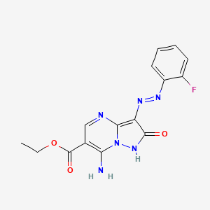 molecular formula C15H13FN6O3 B1191401 Ethyl 7-amino-3-[(2-fluorophenyl)diazenyl]-2-oxo-1,2-dihydropyrazolo[1,5-a]pyrimidine-6-carboxylate 