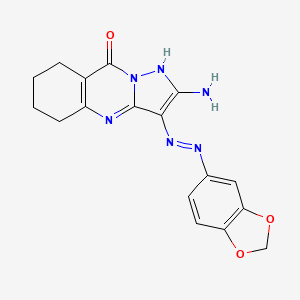molecular formula C17H16N6O3 B1191403 2-amino-3-(1,3-benzodioxol-5-yldiazenyl)-5,6,7,8-tetrahydropyrazolo[5,1-b]quinazolin-9(4H)-one 