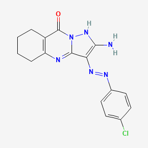 molecular formula C16H15ClN6O B1191416 2-amino-3-[(4-chlorophenyl)diazenyl]-5,6,7,8-tetrahydropyrazolo[5,1-b]quinazolin-9(4H)-one 