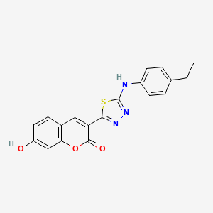molecular formula C19H15N3O3S B1191535 3-[5-(4-ethylanilino)-1,3,4-thiadiazol-2-yl]-7-hydroxy-2H-chromen-2-one 