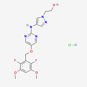 molecular formula C18H20ClF2N5O4 B1192178 2-[4-[[5-[(2,6-difluoro-3,5-dimethoxyphenyl)methoxy]pyrimidin-2-yl]amino]pyrazol-1-yl]ethanol;hydrochloride 