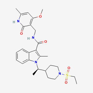 B1192499 1-[(1R)-1-(1-ethylsulfonyl-4-piperidinyl)ethyl]-N-[(4-methoxy-6-methyl-2-oxo-1H-pyridin-3-yl)methyl]-2-methyl-3-indolecarboxamide CAS No. 1802175-07-0