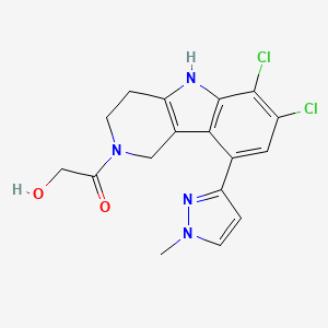 molecular formula C17H16Cl2N4O2 B1192762 1-[6,7-Dichloro-9-(1-methylpyrazol-3-yl)-1,3,4,5-tetrahydropyrido[4,3-b]indol-2-yl]-2-hydroxyethanone 
