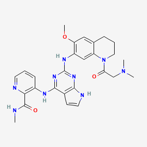 molecular formula C27H31N9O3 B1192807 3-[[2-[[1-[2-(dimethylamino)acetyl]-6-methoxy-3,4-dihydro-2H-quinolin-7-yl]amino]-7H-pyrrolo[2,3-d]pyrimidin-4-yl]amino]-N-methylpyridine-2-carboxamide 