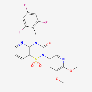 molecular formula C20H15F3N4O5S B1192876 2-(5,6-二甲氧基吡啶-3-基)-1,1-双(氧化亚尼基)-4-[[2,4,6-三(氟氧基)苯基]甲基]吡啶并[2,3-e][1,2,4]噻二嗪-3-酮 