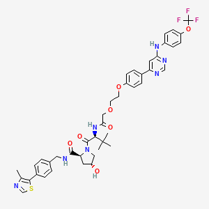 molecular formula C43H46F3N7O7S B1192926 (2S,4R)-1-((S)-3,3-二甲基-2-(2-(2-(4-(6-((4-(三氟甲氧基)苯基)氨基)嘧啶-4-基)苯氧基)乙氧基)乙酰氨基)丁酰)-4-羟基-N-(4-(4-甲基噻唑-5-基)苄基)吡咯烷-2-甲酰胺 