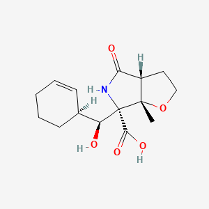 molecular formula C27H22ClN5O4 B1193464 (3aR,6R,6aS)-6-[(S)-[(1S)-cyclohex-2-en-1-yl]-hydroxymethyl]-6a-methyl-4-oxo-2,3,3a,5-tetrahydrofuro[2,3-c]pyrrole-6-carboxylic acid 