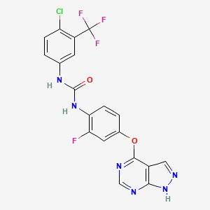 molecular formula C19H11ClF4N6O2 B1193488 1-[4-chloro-3-(trifluoromethyl)phenyl]-3-[2-fluoro-4-(1H-pyrazolo[3,4-d]pyrimidin-4-yloxy)phenyl]urea 