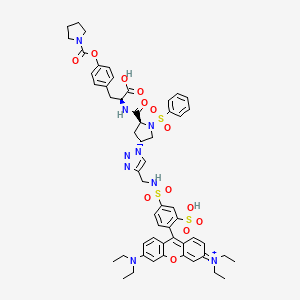 molecular formula C56H65N9O14S3 B1193655 [9-[4-[[1-[(3R,5S)-1-(benzenesulfonyl)-5-[[(1S)-1-carboxy-2-[4-(pyrrolidine-1-carbonyloxy)phenyl]ethyl]carbamoyl]pyrrolidin-3-yl]triazol-4-yl]methylsulfamoyl]-2-sulfophenyl]-6-(diethylamino)xanthen-3-ylidene]-diethylazanium 