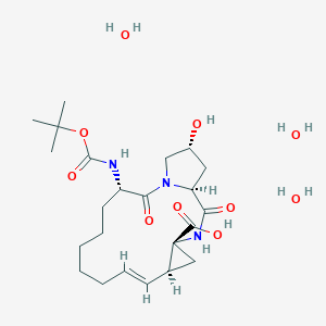  B1193813 (1S,4R,6S,7E,14S,18R)-18-hydroxy-14-[(2-methylpropan-2-yl)oxycarbonylamino]-2,15-dioxo-3,16-diazatricyclo[14.3.0.04,6]nonadec-7-ene-4-carboxylic acid;trihydrate 