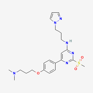 molecular formula C22H30N6O3S B1193851 6-{4-[3-(dimethylamino)propoxy]phenyl}-2-(methylsulfonyl)-N-[3-(1H-pyrazol-1-yl)propyl]pyrimidin-4-amine 