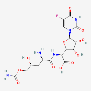 molecular formula C16H22FN5O11 B1193996 (2S)-2-[[(2S,4R)-2-amino-5-carbamoyloxy-4-hydroxypentanoyl]amino]-2-[(3S,4R,5R)-5-(5-fluoro-2,4-dioxopyrimidin-1-yl)-3,4-dihydroxyoxolan-2-yl]acetic acid CAS No. 50355-68-5