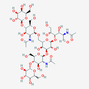 molecular formula C42H71N3O31 B1194018 N-[(2R,3R,4R,6R)-2-[[(3S,4S,5R,6S)-4-[(2S,3R,4R,5S,6R)-3-acetamido-4-hydroxy-6-(hydroxymethyl)-5-[(2S,3R,4S,5R,6R)-3,4,5-trihydroxy-6-(hydroxymethyl)oxan-2-yl]oxyoxan-2-yl]oxy-6-[(2R,3S,4R,5R)-5-acetamido-1,2,4-trihydroxy-6-oxohexan-3-yl]oxy-3,5-dihydroxyoxan-2-yl]methoxy]-4-hydroxy-6-(hydroxymethyl)-5-[(2S,3R,4S,5R,6R)-3,4,5-trihydroxy-6-(hydroxymethyl)oxan-2-yl]oxyoxan-3-yl]acetamide CAS No. 93128-11-1