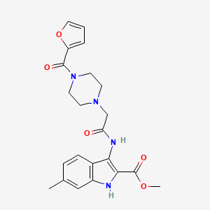 molecular formula C22H24N4O5 B1194065 3-[[2-[4-[2-furanyl(oxo)methyl]-1-piperazinyl]-1-oxoethyl]amino]-6-methyl-1H-indole-2-carboxylic acid methyl ester 
