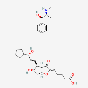 molecular formula C30H43NO7 B1194319 5-[(3aR,4R,5R,6aS)-4-[(3S)-3-cyclopentyl-3-hydroxyprop-1-enyl]-5-hydroxy-3-oxo-4,5,6,6a-tetrahydro-3aH-cyclopenta[b]furan-2-ylidene]pentanoic acid;(1R,2S)-2-(methylamino)-1-phenylpropan-1-ol 