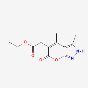 molecular formula C12H14N2O4 B1194422 Ethyl 2-(3,4-dimethyl-6-oxo-1,6-dihydropyrano[2,3-c]pyrazol-5-yl)acetate 