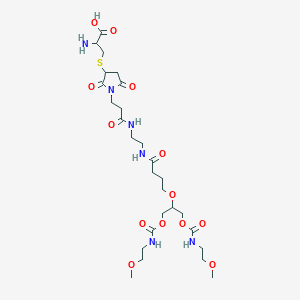 molecular formula C27H46N6O13S B1194692 2-Amino-3-[1-[3-[2-[4-[1,3-bis(2-methoxyethylcarbamoyloxy)propan-2-yloxy]butanoylamino]ethylamino]-3-oxopropyl]-2,5-dioxopyrrolidin-3-yl]sulfanylpropanoic acid CAS No. 906450-24-6