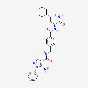 molecular formula C28H34N6O3 B1194915 5-Azanyl-~{n}-[[4-[[(2~{s})-1-Azanyl-4-Cyclohexyl-1-Oxidanylidene-Butan-2-Yl]carbamoyl]phenyl]methyl]-1-Phenyl-Pyrazole-4-Carboxamide 