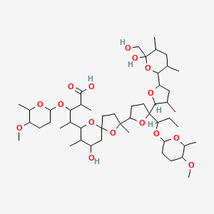 molecular formula C50H86O16 B1195158 4-[7-Hydroxy-2-[5-[5-[6-hydroxy-6-(hydroxymethyl)-3,5-dimethyloxan-2-yl]-3-methyloxolan-2-yl]-5-[1-(5-methoxy-6-methyloxan-2-yl)oxypropyl]oxolan-2-yl]-2,8-dimethyl-1,10-dioxaspiro[4.5]decan-9-yl]-3-(5-methoxy-6-methyloxan-2-yl)oxy-2-methylpentanoic acid CAS No. 127288-12-4