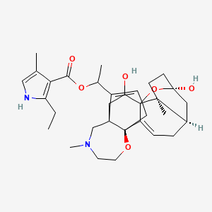 molecular formula C32H44N2O6 B1195171 1-(9,12-Dihydroxy-2,11a-dimethyl-1,2,3,4,7a,8,9,10,11,11a,12,13-dodecahydro-7H-9,11b-epoxy-13a,5a-prop[1]enophenanthro[2,1-f][1,4]oxazepin-14-yl)ethyl 2-ethyl-4-methyl-1H-pyrrole-3-carboxylate 