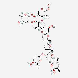 molecular formula C53H90O18 B1195439 (2R)-2-[(2S,3S,4S,5R,6S)-6-[(1R)-1-[(2S,7S,8R,9S)-7-Hydroxy-2-[(5S)-5-[(2R,3S,5R)-5-[(3S,5R,6S)-6-hydroxy-3,5,6-trimethyloxan-2-yl]-3-[(2S,5S,6R)-5-methoxy-6-methyloxan-2-yl]oxyoxolan-2-yl]-5-methyloxolan-2-yl]-2,8-dimethyl-1,10-dioxaspiro[4.5]decan-9-yl]ethyl]-5-methoxy-4-(5-methoxy-6-methyloxan-2-yl)oxy-3-methyloxan-2-yl]propaneperoxoic acid CAS No. 145514-43-8