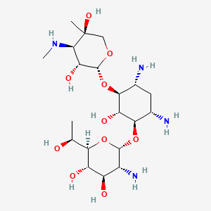 molecular formula C20H40N4O10 B1195528 (2R,3R,4R,5R)-2-[(1S,2S,3R,4S,6R)-4,6-diamino-3-[(2S,3R,4R,5S,6R)-3-amino-4,5-dihydroxy-6-[(1S)-1-hydroxyethyl]oxan-2-yl]oxy-2-hydroxycyclohexyl]oxy-5-methyl-4-(methylamino)oxane-3,5-diol 