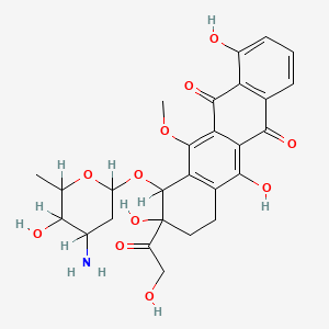 molecular formula C27H29NO11 B1195598 5,12-Naphthacenedione, 10-((3-amino-2,3,6-trideoxy-alpha-L-lyxo-hexopyranosyl)oxy)-8-(hydroxyacetyl)-7,8,9,10-tetrahydro-11-methoxy-1,6,8-trihydroxy- CAS No. 97777-78-1