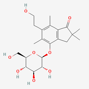 molecular formula C21H30O8 B1195605 1H-Inden-1-one, 4-(beta-D-glucopyranosyloxy)-2,3-dihydro-6-(2-hydroxyethyl)-2,2,5,7-tetramethyl- CAS No. 78415-48-2
