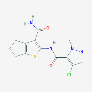molecular formula C13H13ClN4O2S B1195694 N-(3-carbamoyl-5,6-dihydro-4H-cyclopenta[b]thiophen-2-yl)-4-chloro-2-methyl-3-pyrazolecarboxamide 