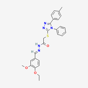molecular formula C27H27N5O3S B11960890 N'-[(E)-(4-ethoxy-3-methoxyphenyl)methylidene]-2-{[5-(4-methylphenyl)-4-phenyl-4H-1,2,4-triazol-3-yl]sulfanyl}acetohydrazide 