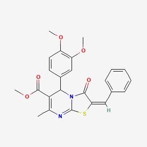 molecular formula C24H22N2O5S B11962893 methyl (2E)-2-benzylidene-5-(3,4-dimethoxyphenyl)-7-methyl-3-oxo-2,3-dihydro-5H-[1,3]thiazolo[3,2-a]pyrimidine-6-carboxylate 