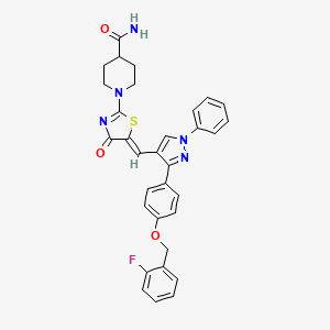 molecular formula C32H28FN5O3S B11963658 1-{(5Z)-5-[(3-{4-[(2-Fluorobenzyl)oxy]phenyl}-1-phenyl-1H-pyrazol-4-YL)methylene]-4-oxo-4,5-dihydro-1,3-thiazol-2-YL}-4-piperidinecarboxamide 