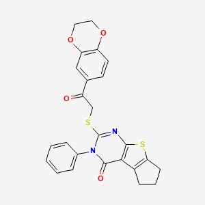 molecular formula C25H20N2O4S2 B11964608 10-{[2-(2,3-Dihydro-1,4-benzodioxin-6-yl)-2-oxoethyl]sulfanyl}-11-phenyl-7-thia-9,11-diazatricyclo[6.4.0.0^{2,6}]dodeca-1(8),2(6),9-trien-12-one 