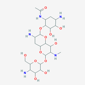 molecular formula C23H43N5O12 B1196506 N-[5-amino-2-[[7-amino-2-[5-amino-3,4-dihydroxy-6-(hydroxymethyl)oxan-2-yl]oxy-4-hydroxy-3-(methylamino)-2,3,4,4a,6,7,8,8a-octahydropyrano[3,2-b]pyran-6-yl]oxy]-3,4-dihydroxycyclohexyl]acetamide 