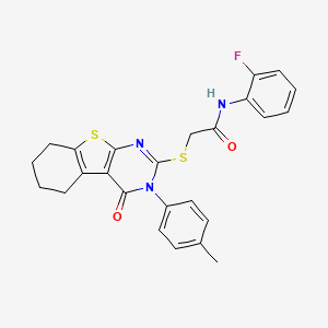 molecular formula C25H22FN3O2S2 B11965538 N-(2-fluorophenyl)-2-{[3-(4-methylphenyl)-4-oxo-3,4,5,6,7,8-hexahydro[1]benzothieno[2,3-d]pyrimidin-2-yl]sulfanyl}acetamide 