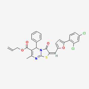 molecular formula C28H20Cl2N2O4S B11966086 Allyl (2E)-2-{[5-(2,4-dichlorophenyl)-2-furyl]methylene}-7-methyl-3-oxo-5-phenyl-2,3-dihydro-5H-[1,3]thiazolo[3,2-A]pyrimidine-6-carboxylate 