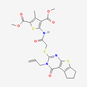 molecular formula C23H23N3O6S3 B11966199 dimethyl 5-({[(3-allyl-4-oxo-3,5,6,7-tetrahydro-4H-cyclopenta[4,5]thieno[2,3-d]pyrimidin-2-yl)thio]acetyl}amino)-3-methyl-2,4-thiophenedicarboxylate 