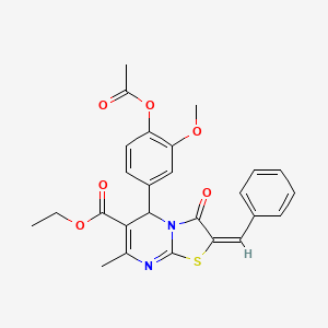 molecular formula C26H24N2O6S B11966372 ethyl (2E)-5-[4-(acetyloxy)-3-methoxyphenyl]-2-benzylidene-7-methyl-3-oxo-2,3-dihydro-5H-[1,3]thiazolo[3,2-a]pyrimidine-6-carboxylate 