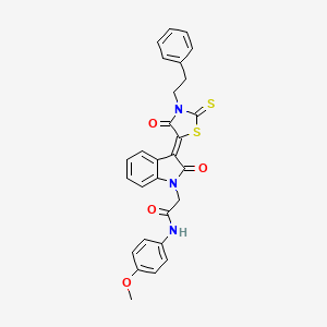molecular formula C28H23N3O4S2 B11967127 N-(4-methoxyphenyl)-2-{(3Z)-2-oxo-3-[4-oxo-3-(2-phenylethyl)-2-thioxo-1,3-thiazolidin-5-ylidene]-2,3-dihydro-1H-indol-1-yl}acetamide 