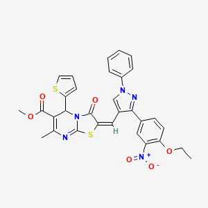 molecular formula C31H25N5O6S2 B11967145 Methyl (2E)-2-{[3-(4-ethoxy-3-nitrophenyl)-1-phenyl-1H-pyrazol-4-YL]methylene}-7-methyl-3-oxo-5-(2-thienyl)-2,3-dihydro-5H-[1,3]thiazolo[3,2-A]pyrimidine-6-carboxylate 